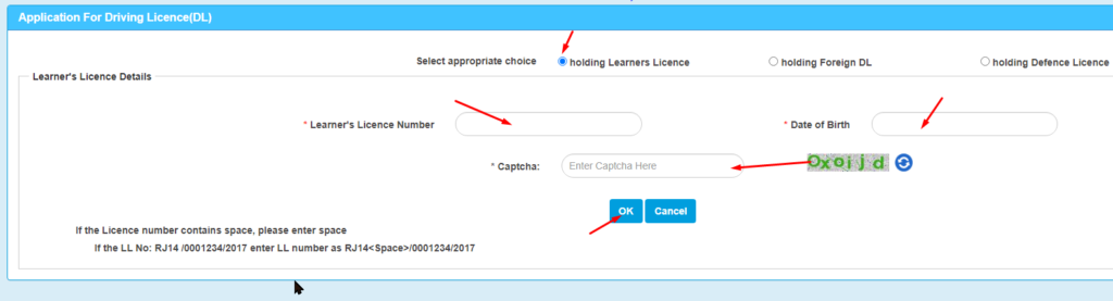 Holding Learner’s License&Quot; विकल्प पर क्लिक करें 